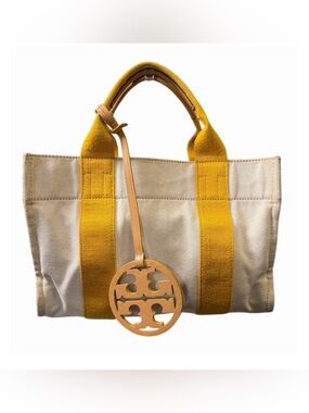 Tory Burch Canvas Tote with Yellow Straps and Tan Logo Charm